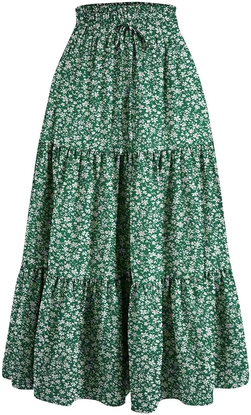 Floral Maxi Skirt for Women Summer Comfy Pleated Elastic High Waisted Skirts Vacation A-Line Flowy Swing Long Skirts