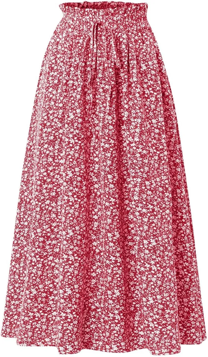 Floral Maxi Skirt for Women Summer Comfy Tiered Elastic High Waisted Skirts Vacation A-Line Flowy Swing Long Skirts
