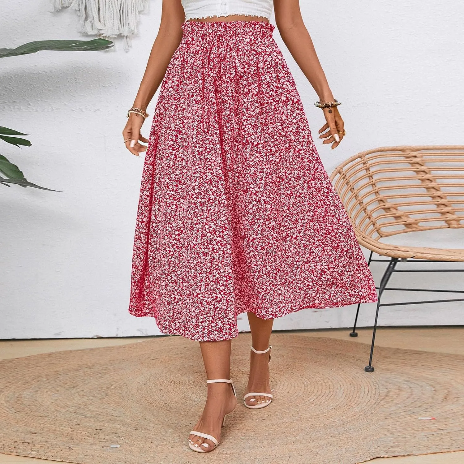 Floral Maxi Skirt for Women Summer Comfy Tiered Elastic High Waisted Skirts Vacation A-Line Flowy Swing Long Skirts