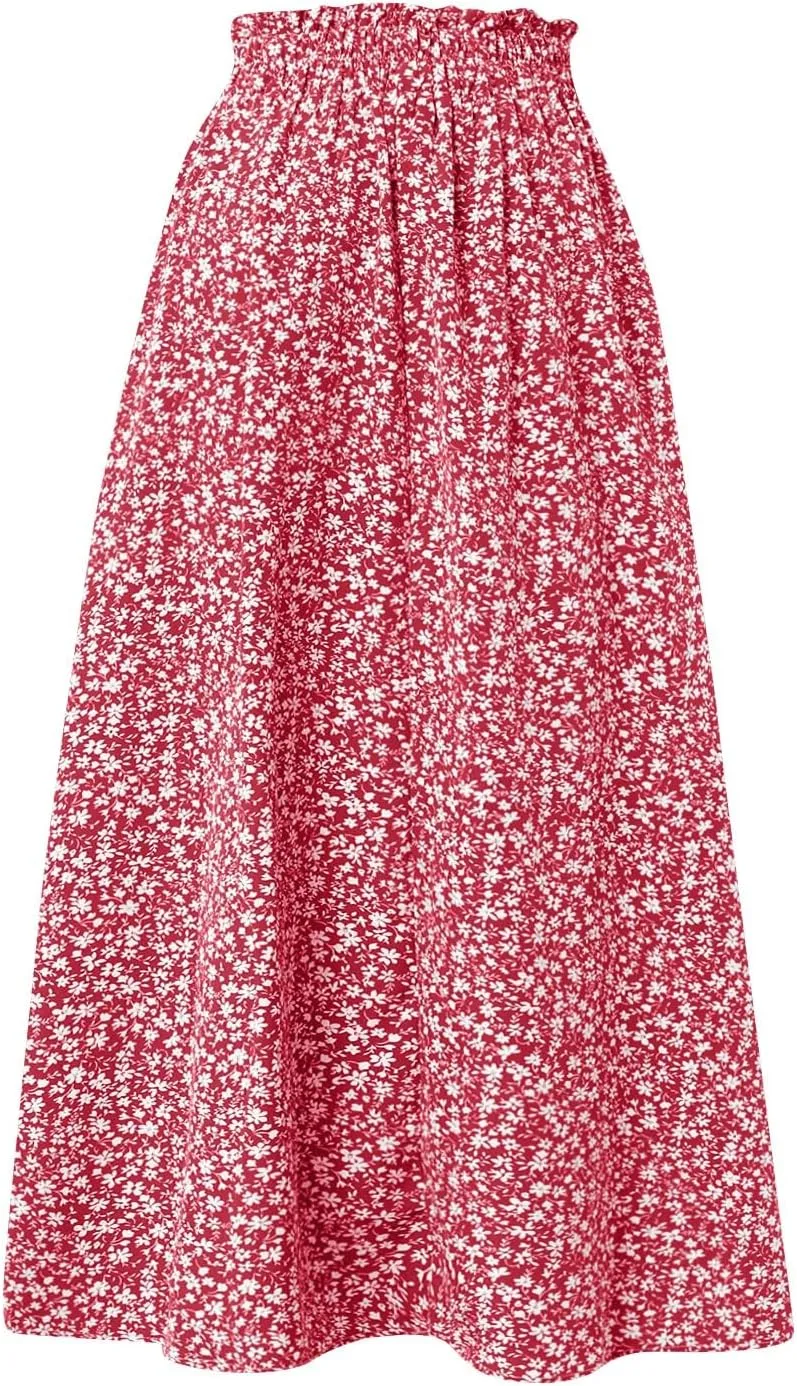 Floral Maxi Skirt for Women Summer Comfy Tiered Elastic High Waisted Skirts Vacation A-Line Flowy Swing Long Skirts