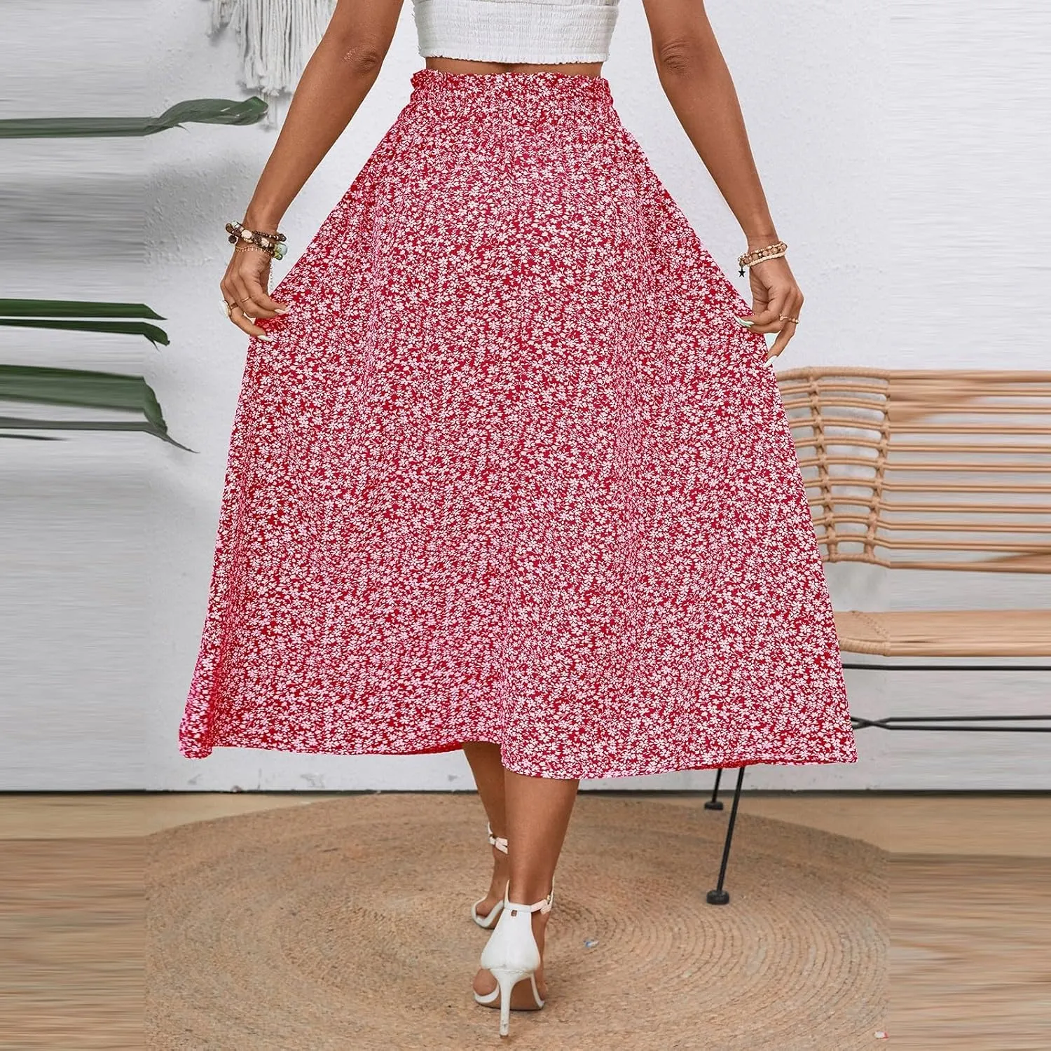 Floral Maxi Skirt for Women Summer Comfy Tiered Elastic High Waisted Skirts Vacation A-Line Flowy Swing Long Skirts