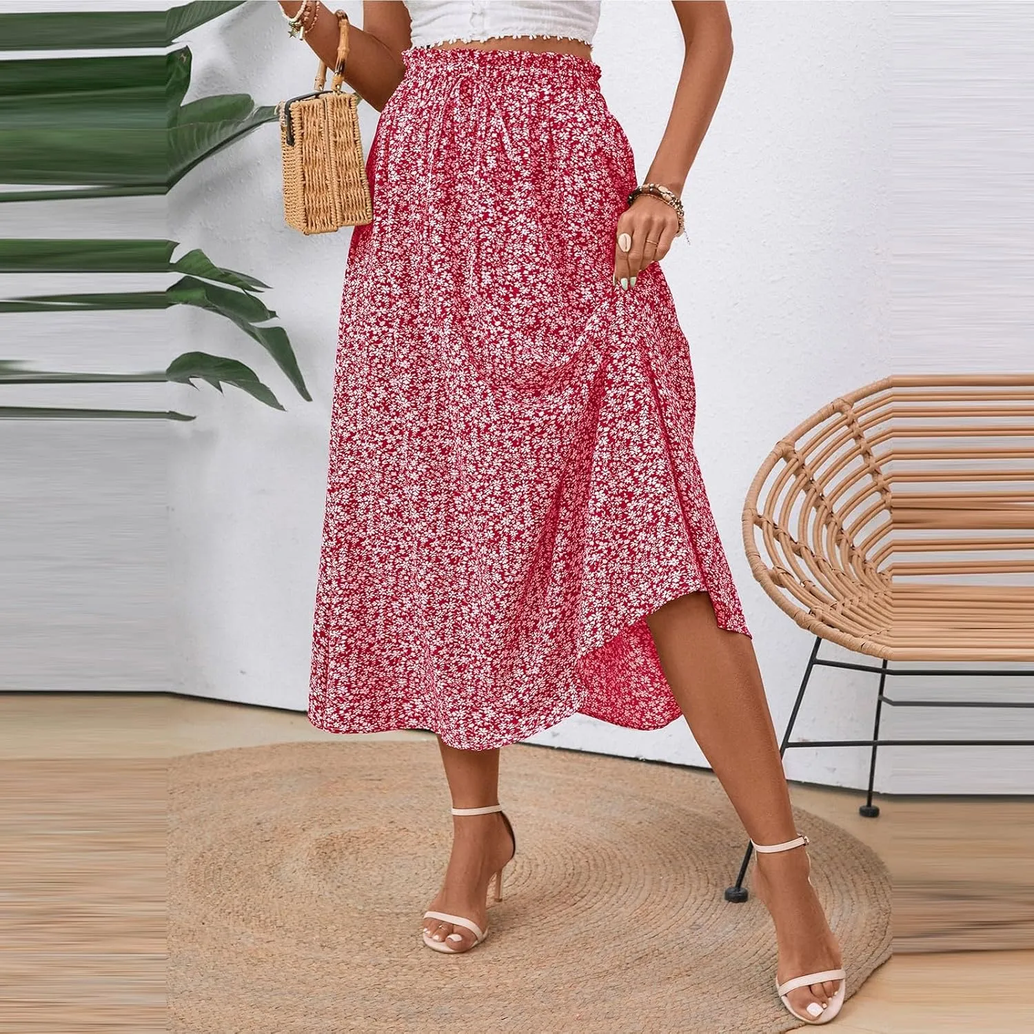 Floral Maxi Skirt for Women Summer Comfy Tiered Elastic High Waisted Skirts Vacation A-Line Flowy Swing Long Skirts