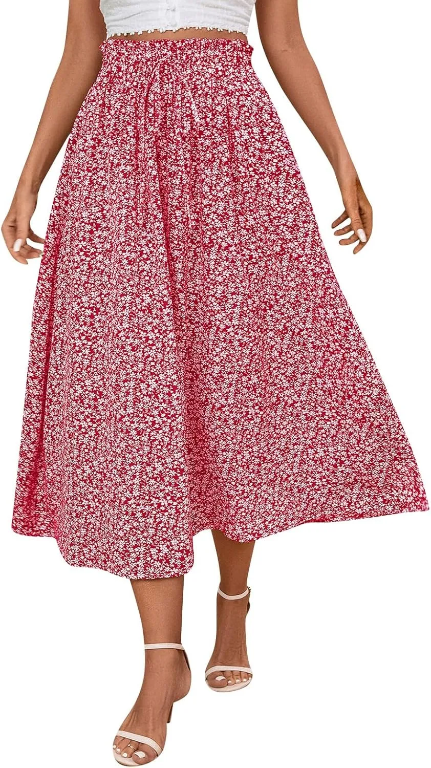 Floral Maxi Skirt for Women Summer Comfy Tiered Elastic High Waisted Skirts Vacation A-Line Flowy Swing Long Skirts