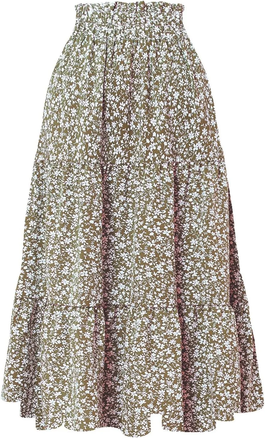 Floral Maxi Skirts for Women 2025 Summer Comfy Tiered Elastic High Waisted Skorts Vacation Flowy Swing Long Dress