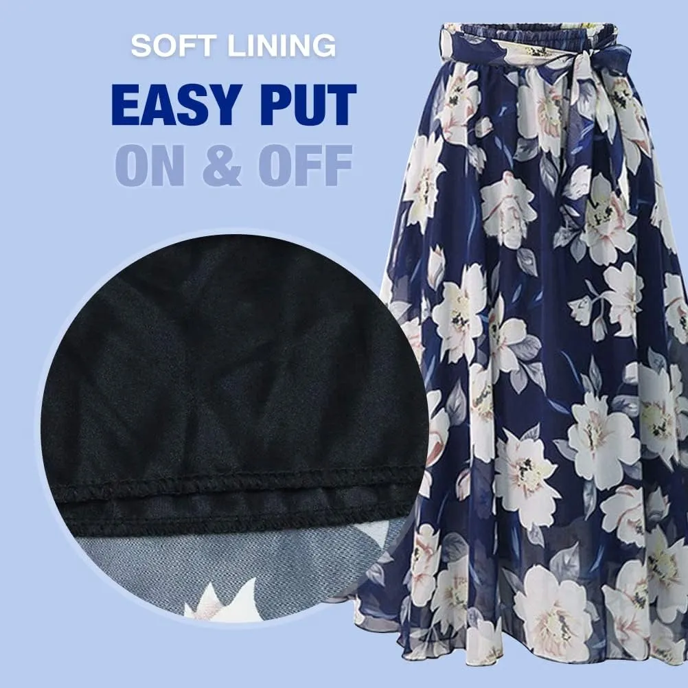 Floral Midi Skirts for Womens High Waist Aline Chiffon Boho Swing Beach Skirt