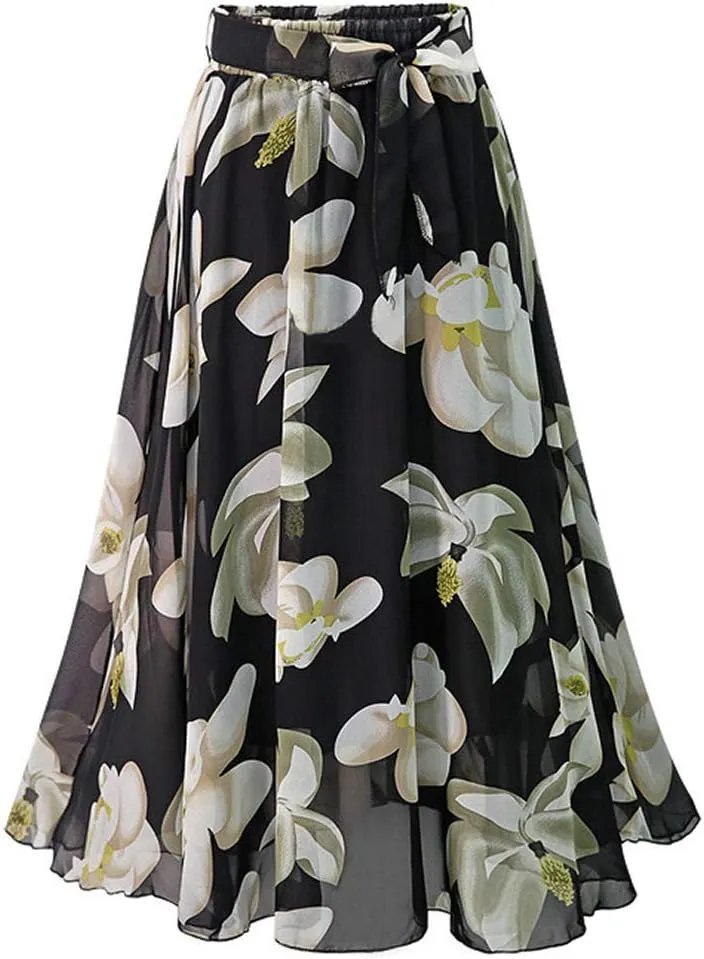 Floral Midi Skirts for Womens High Waist Aline Chiffon Boho Swing Beach Skirt