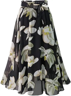 Floral Midi Skirts for Womens High Waist Aline Chiffon Boho Swing Beach Skirt