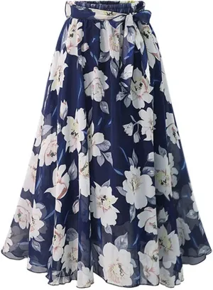 Floral Midi Skirts for Womens High Waist Aline Chiffon Boho Swing Beach Skirt