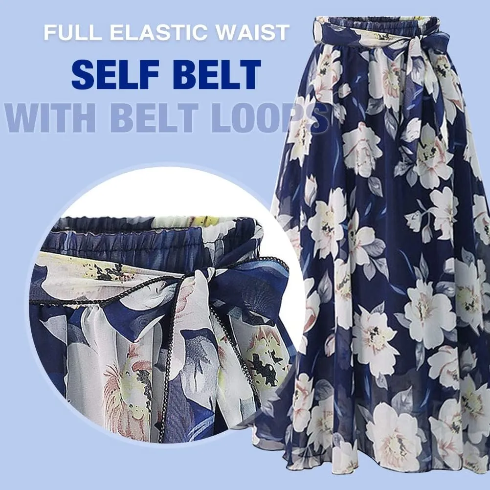 Floral Midi Skirts for Womens High Waist Aline Chiffon Boho Swing Beach Skirt
