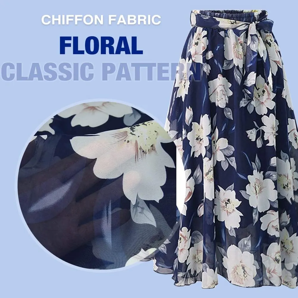 Floral Midi Skirts for Womens High Waist Aline Chiffon Boho Swing Beach Skirt