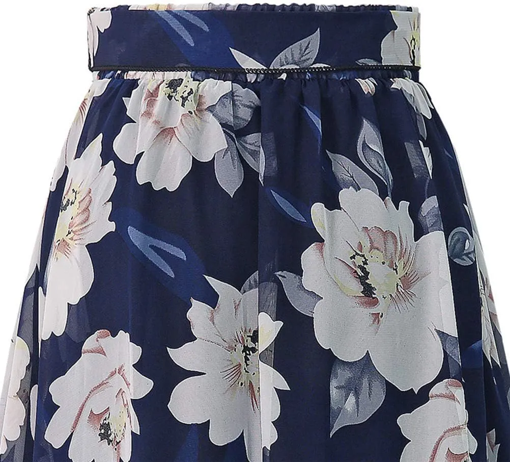 Floral Midi Skirts for Womens High Waist Aline Chiffon Boho Swing Beach Skirt