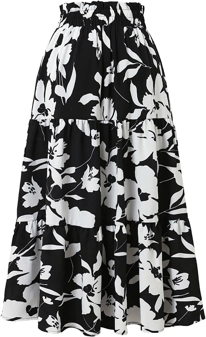 Floral Pleated Skirts for Women Midi Length Summer Casual Boho Renaissance Flowy Plus Size Tiered A Line Skirt