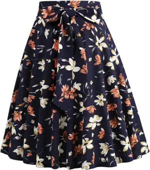 Floral Skirt Midi for Women Vintage Floral Print Bohemian Skirts Summer Causal Boho Waist Tie Pleated Ruffle Skirts