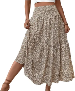 Floral Skirts for Women Summer Flowy Tiered Elastic High Waisted Print Swing Skirt Vacation A-Line Long Midi Skirts