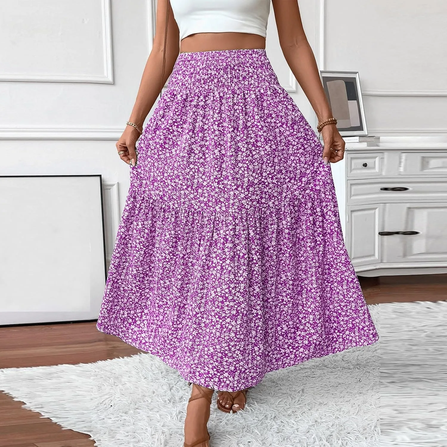 Floral Skirts for Women Summer Flowy Tiered Elastic High Waisted Print Swing Skirt Vacation A-Line Long Midi Skirts