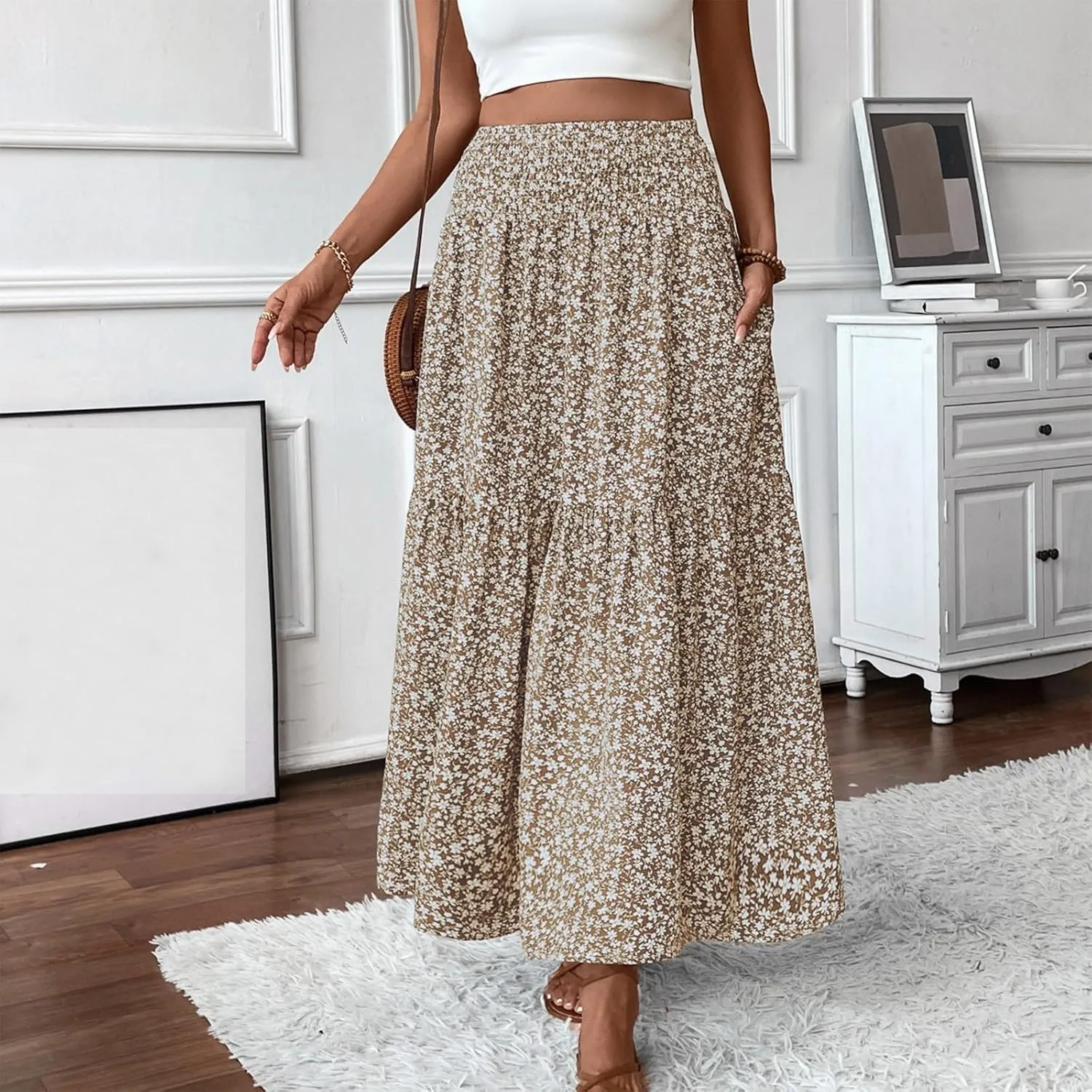 Floral Skirts for Women Summer Flowy Tiered Elastic High Waisted Print Swing Skirt Vacation A-Line Long Midi Skirts