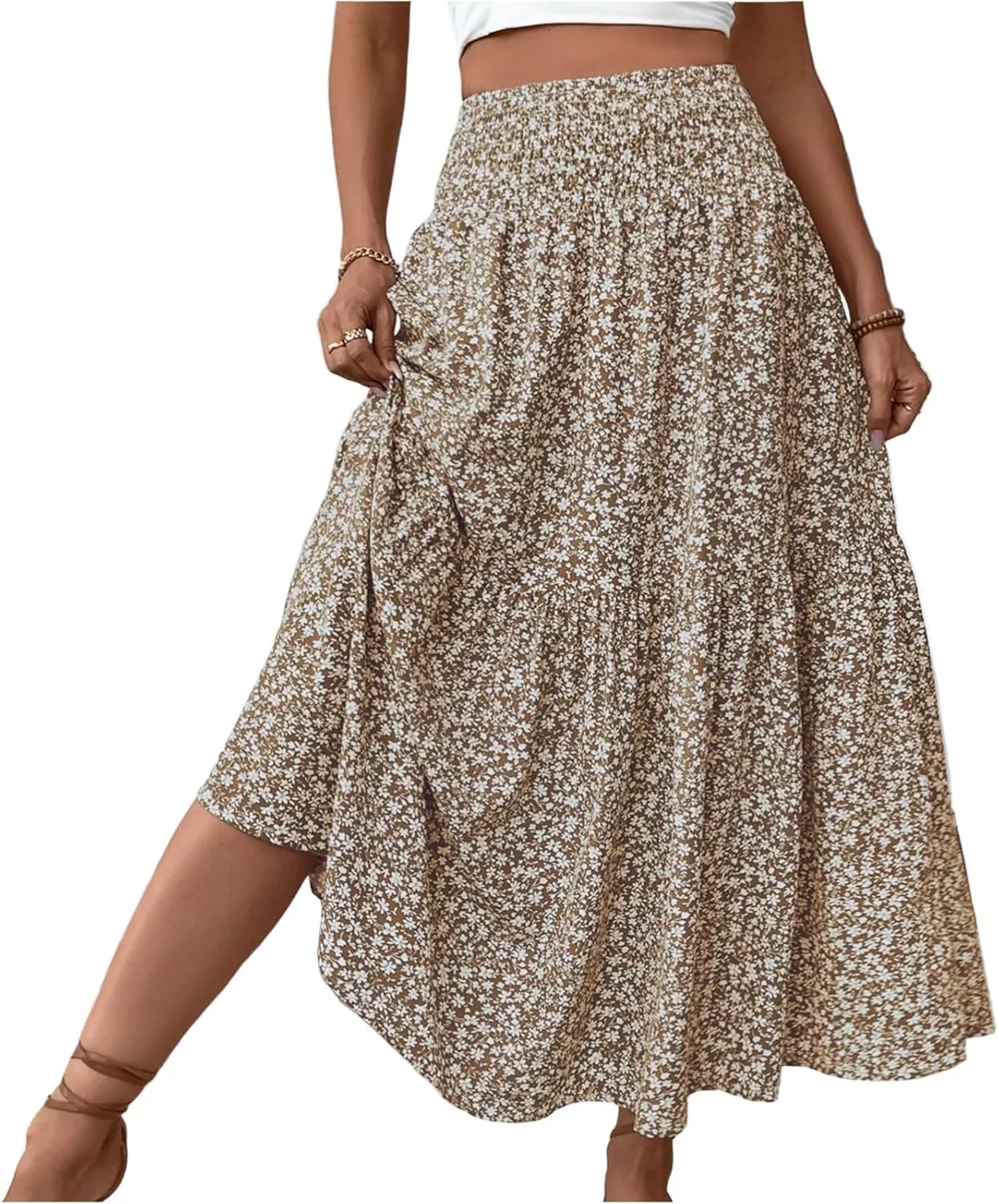 Floral Skirts for Women Summer Flowy Tiered Elastic High Waisted Print Swing Skirt Vacation A-Line Long Midi Skirts