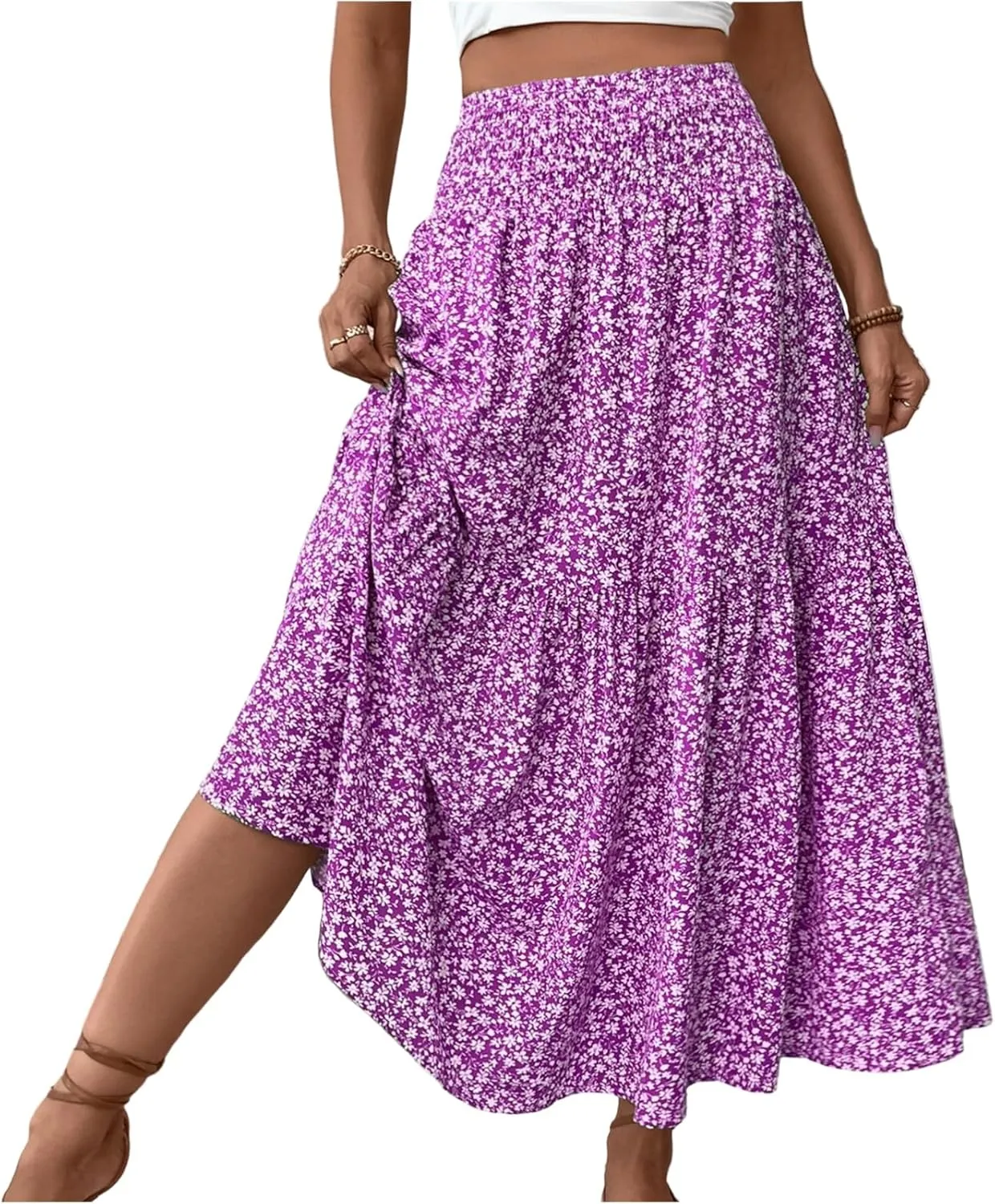 Floral Skirts for Women Summer Flowy Tiered Elastic High Waisted Print Swing Skirt Vacation A-Line Long Midi Skirts