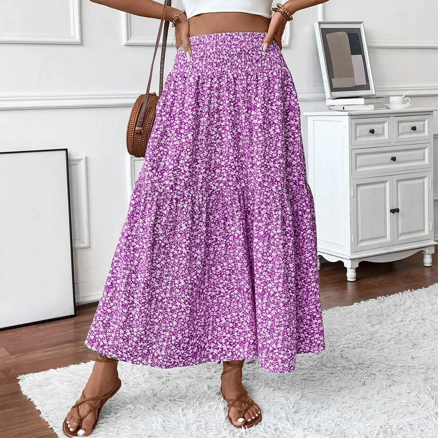 Floral Skirts for Women Summer Flowy Tiered Elastic High Waisted Print Swing Skirt Vacation A-Line Long Midi Skirts
