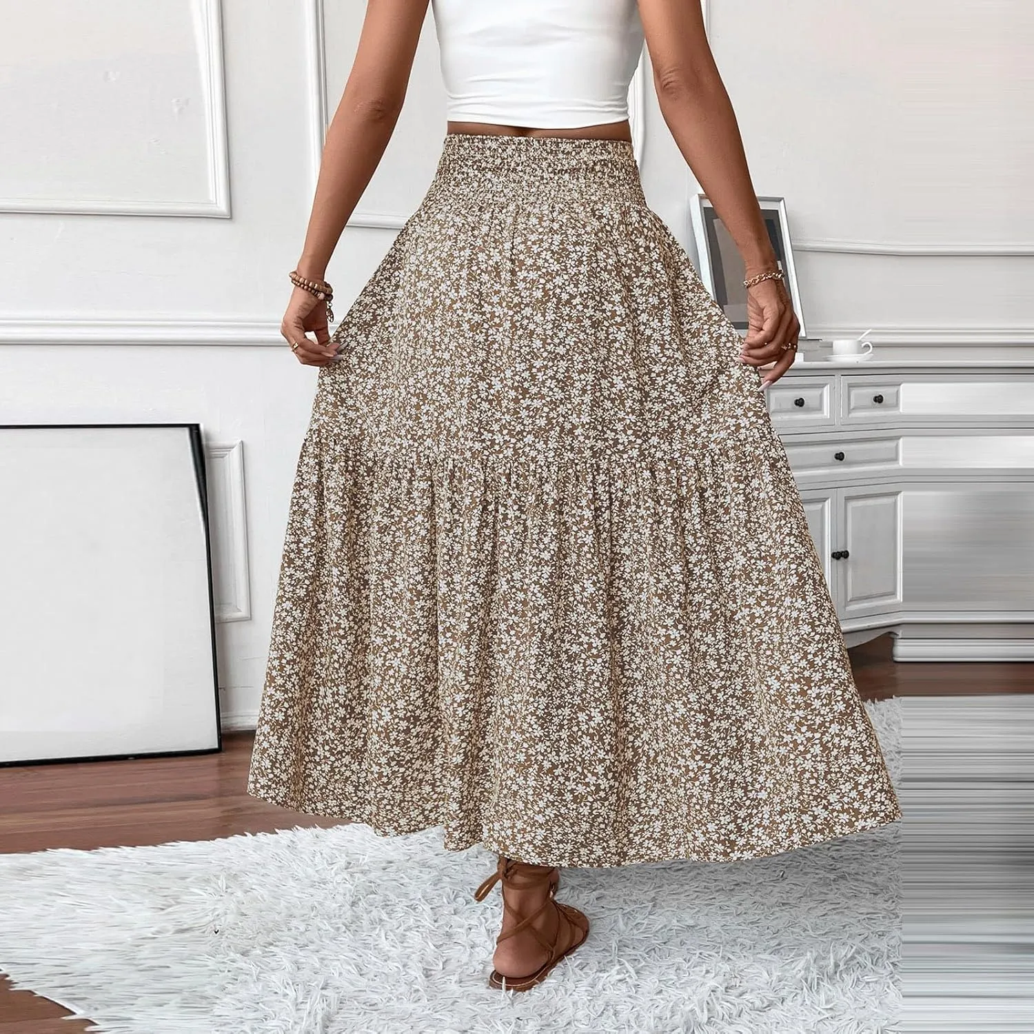 Floral Skirts for Women Summer Flowy Tiered Elastic High Waisted Print Swing Skirt Vacation A-Line Long Midi Skirts