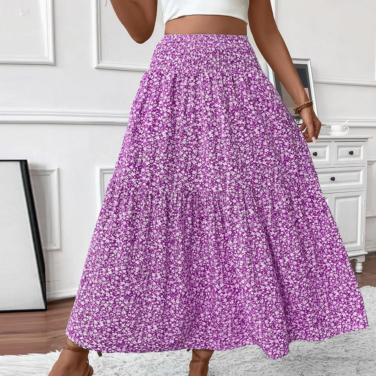 Floral Skirts for Women Summer Flowy Tiered Elastic High Waisted Print Swing Skirt Vacation A-Line Long Midi Skirts