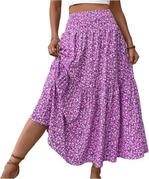 Floral Skirts for Women Summer Flowy Tiered Elastic High Waisted Print Swing Skirt Vacation A-Line Long Midi Skirts