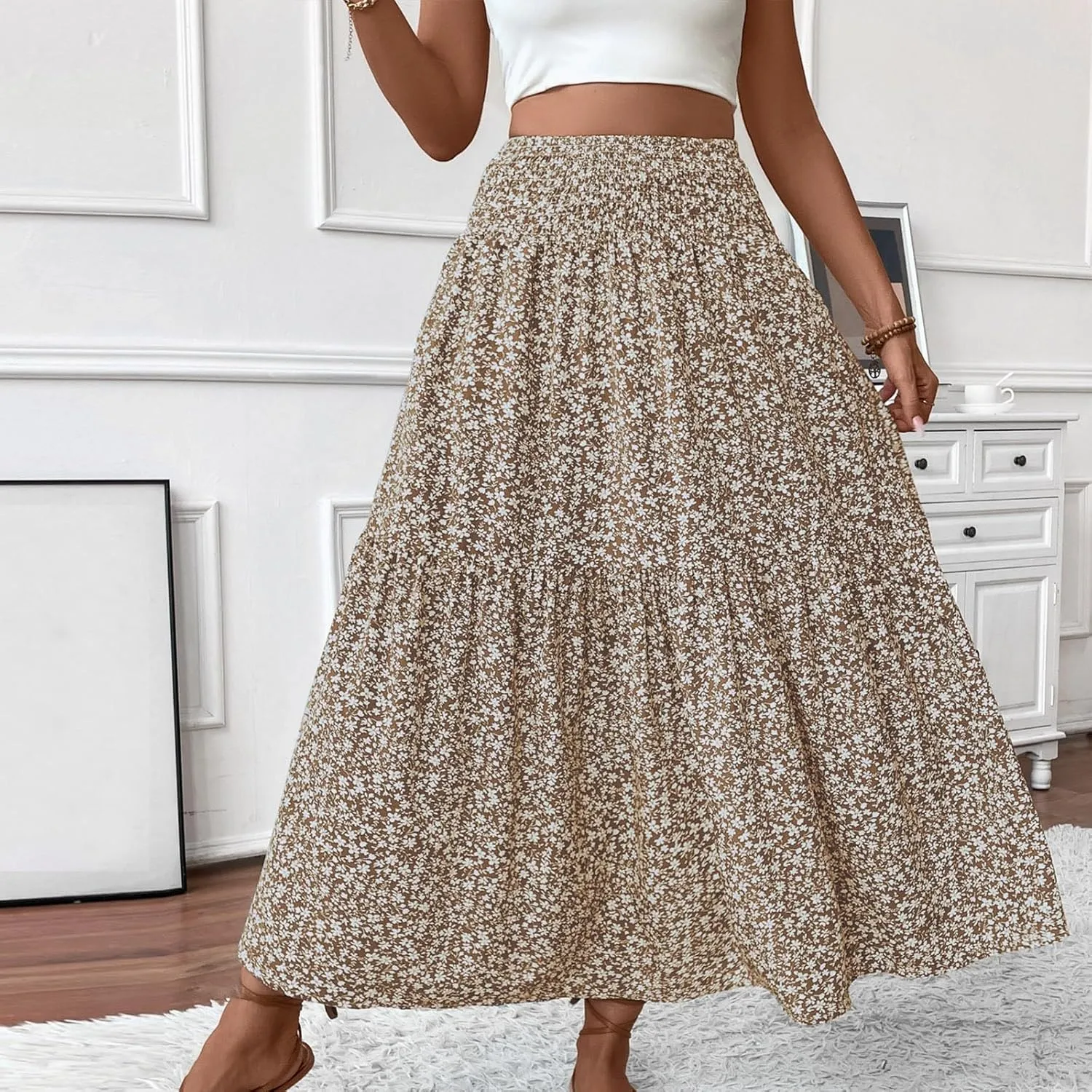 Floral Skirts for Women Summer Flowy Tiered Elastic High Waisted Print Swing Skirt Vacation A-Line Long Midi Skirts