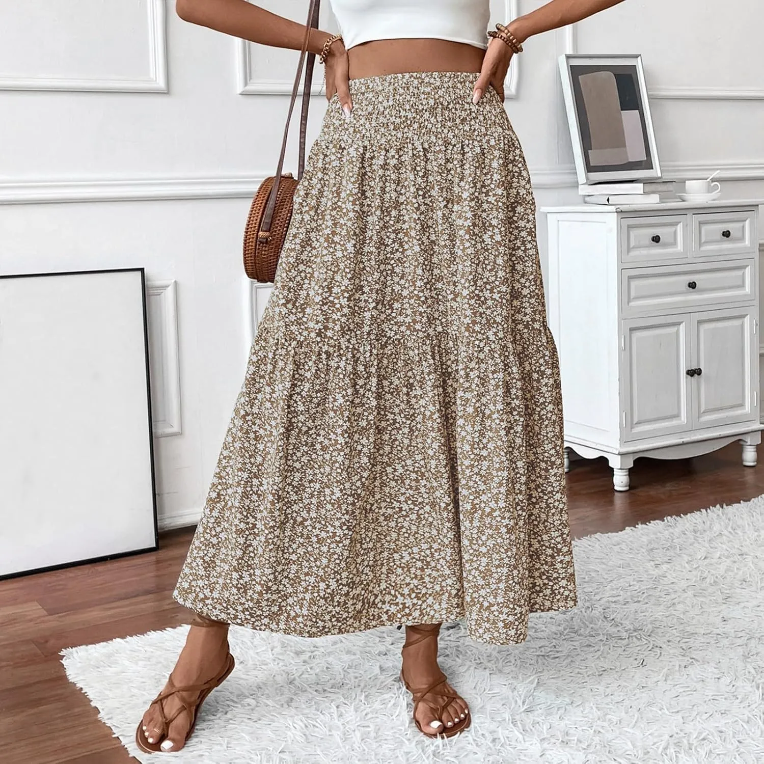 Floral Skirts for Women Summer Flowy Tiered Elastic High Waisted Print Swing Skirt Vacation A-Line Long Midi Skirts