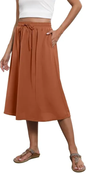 Flowy Midi Skirts for Women Summer High Waist Solid/Printed Boho Skirts Elegant Pleated A-Line Skirt with Pockets
