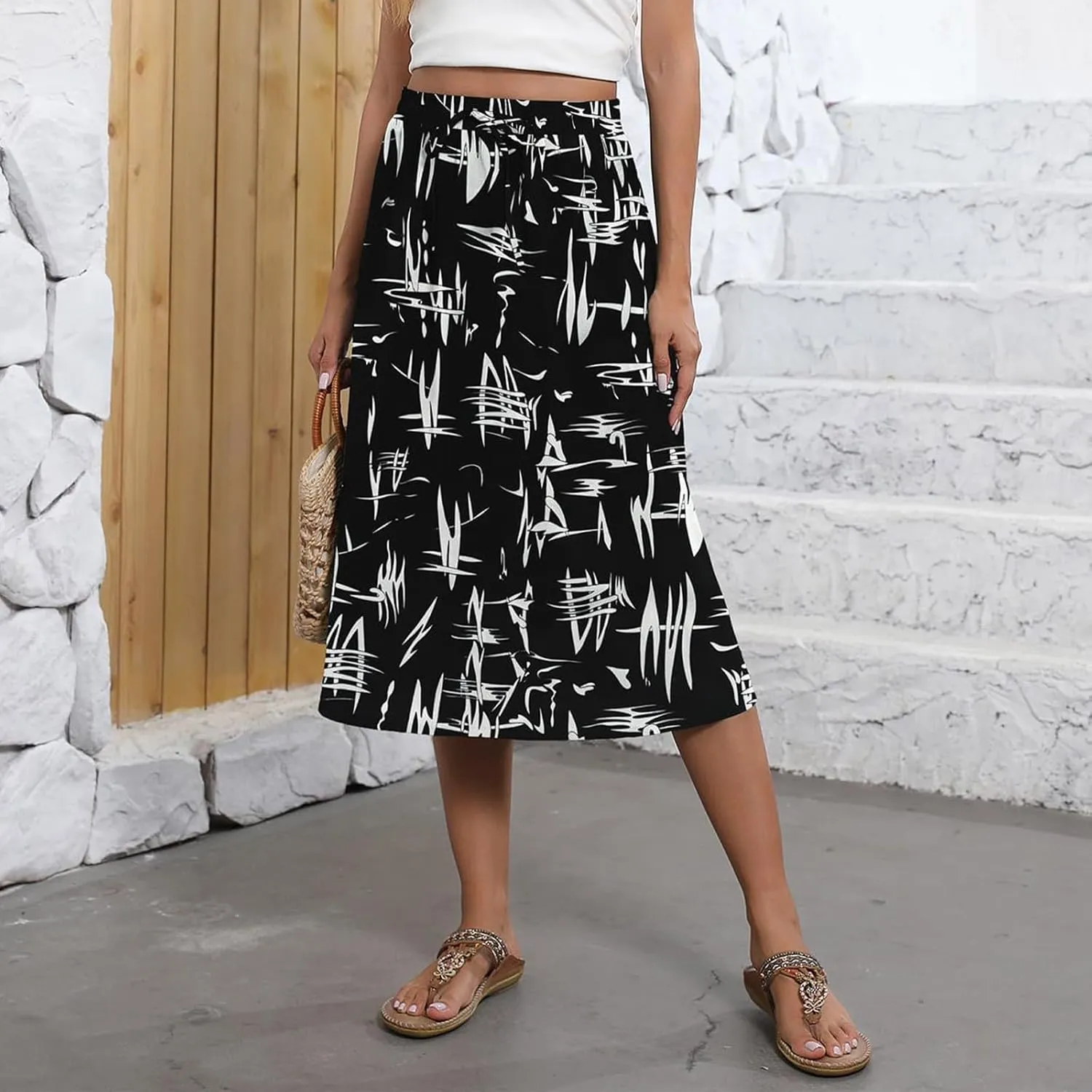 Flowy Midi Skirts for Women Summer High Waist Solid/Printed Boho Skirts Elegant Pleated A-Line Skirt with Pockets