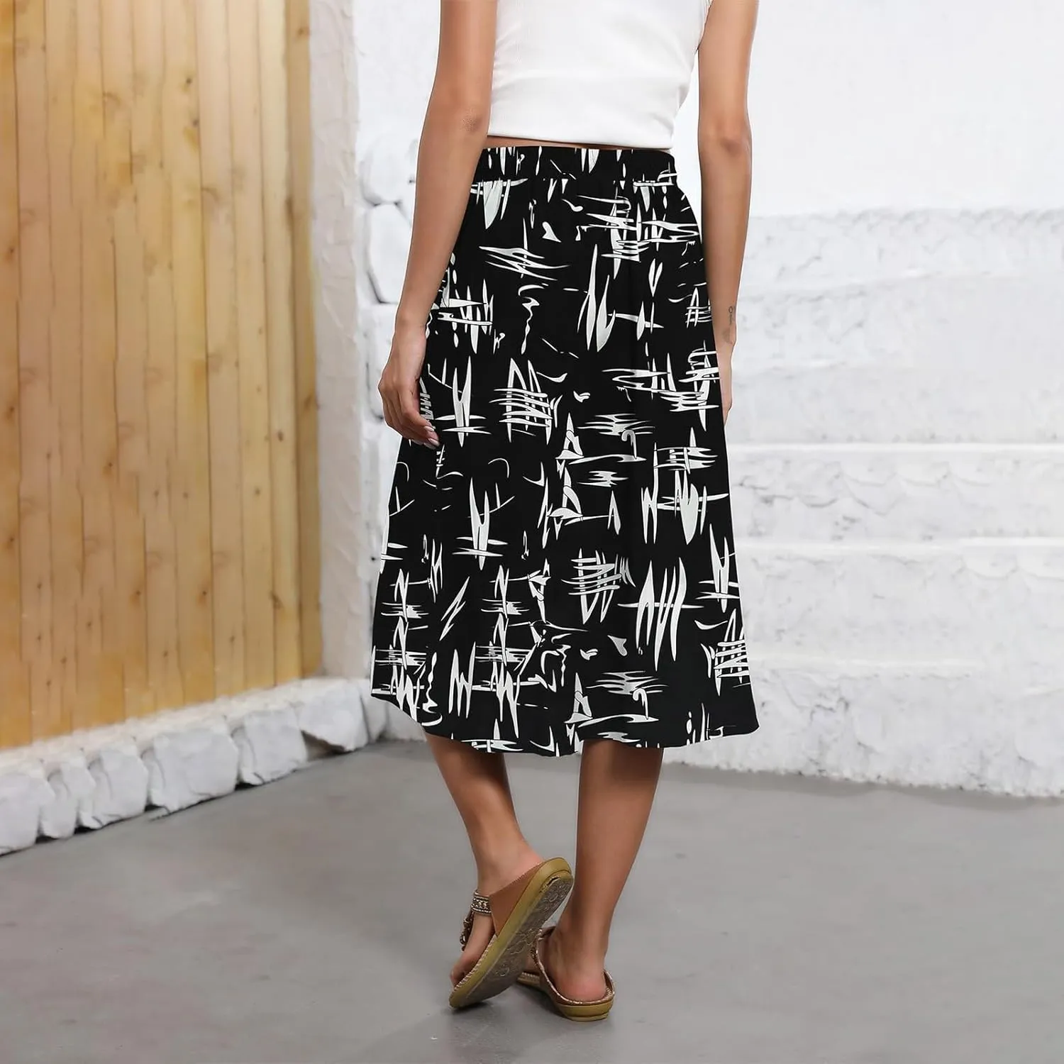 Flowy Midi Skirts for Women Summer High Waist Solid/Printed Boho Skirts Elegant Pleated A-Line Skirt with Pockets