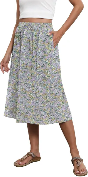 Flowy Midi Skirts for Women Summer High Waist Solid/Printed Boho Skirts Elegant Pleated A-Line Skirt with Pockets