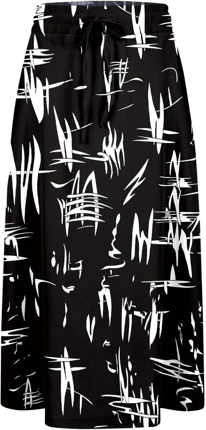 Flowy Midi Skirts for Women Summer High Waist Solid/Printed Boho Skirts Elegant Pleated A-Line Skirt with Pockets