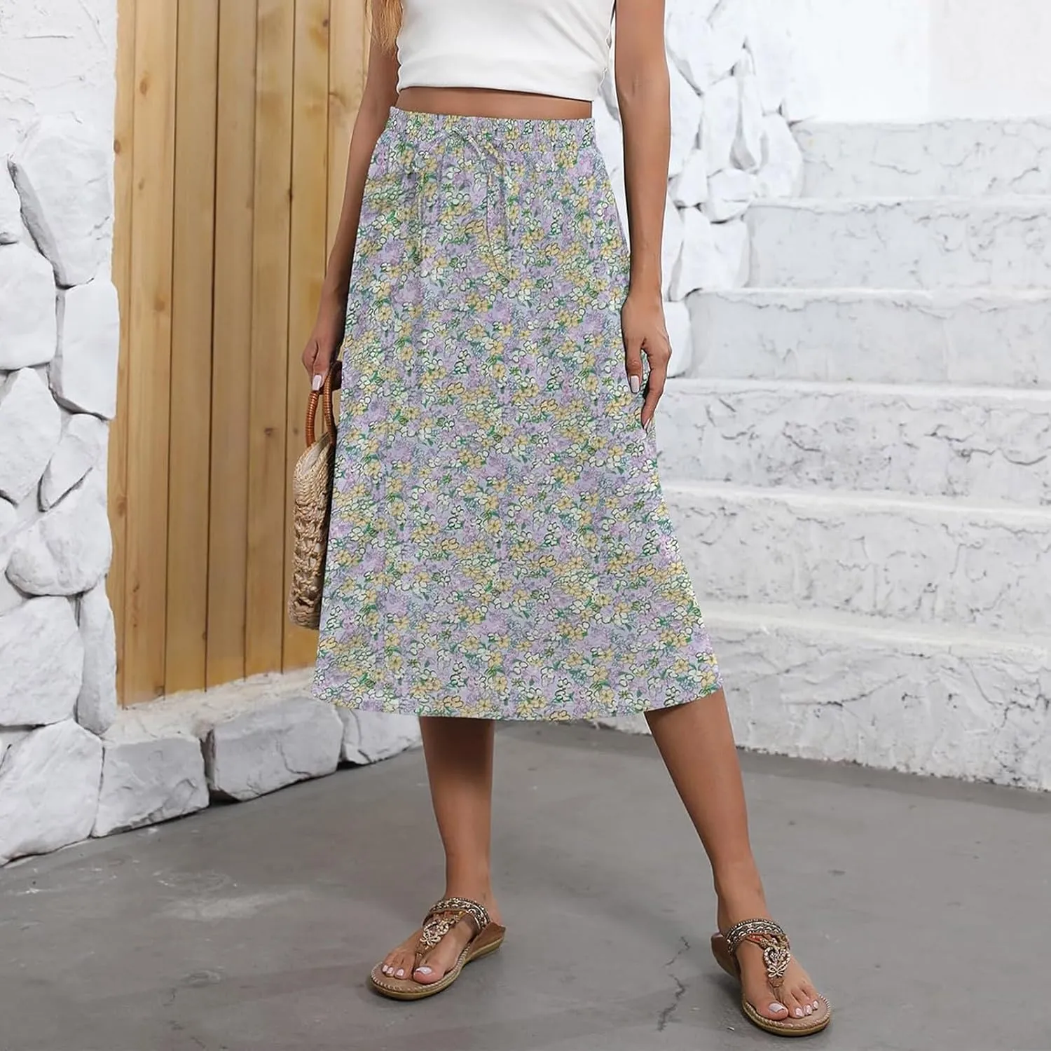 Flowy Midi Skirts for Women Summer High Waist Solid/Printed Boho Skirts Elegant Pleated A-Line Skirt with Pockets