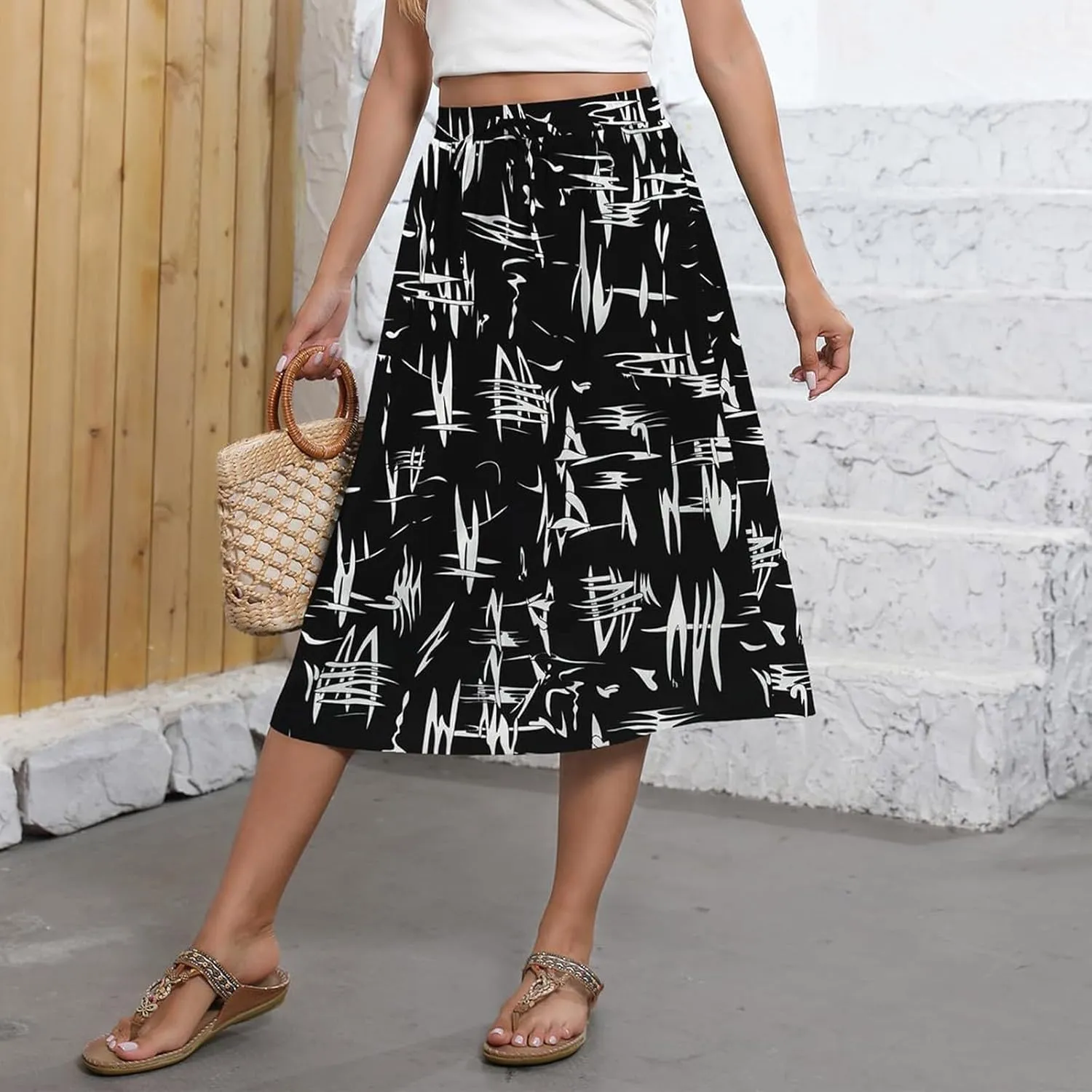 Flowy Midi Skirts for Women Summer High Waist Solid/Printed Boho Skirts Elegant Pleated A-Line Skirt with Pockets