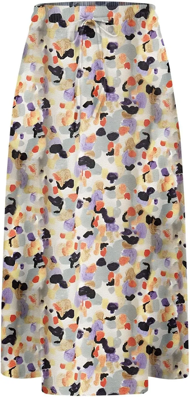 Flowy Midi Skirts for Women Summer High Waist Solid/Printed Boho Skirts Elegant Pleated A-Line Skirt with Pockets