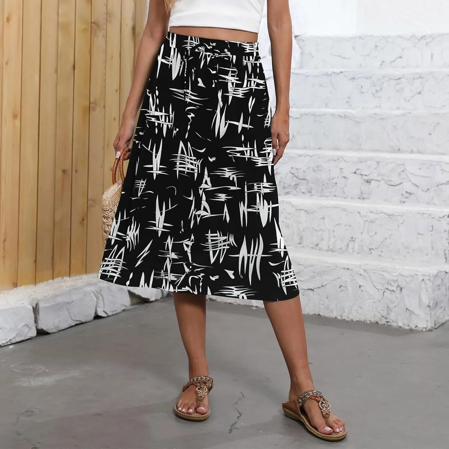 Flowy Midi Skirts for Women Summer High Waist Solid/Printed Boho Skirts Elegant Pleated A-Line Skirt with Pockets