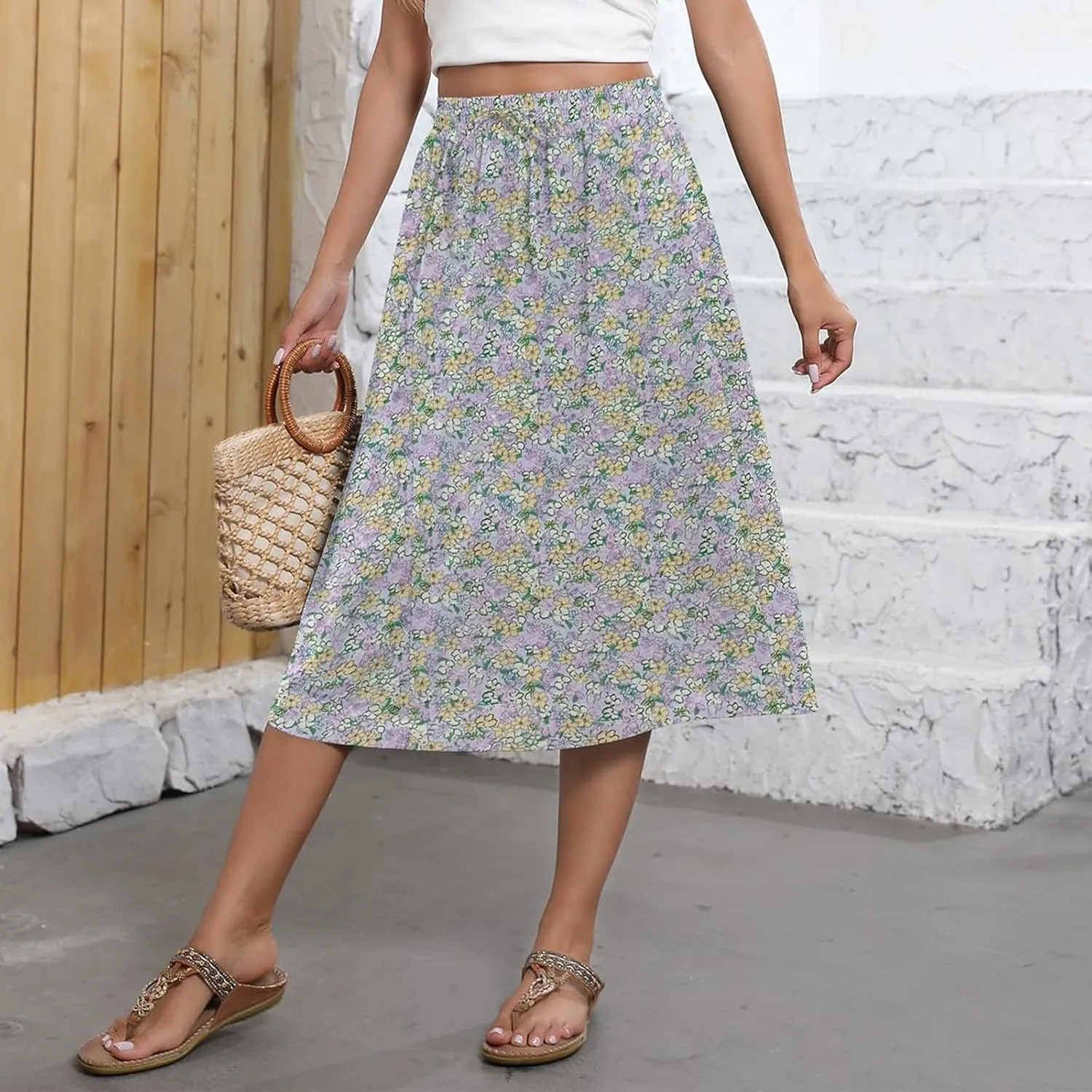 Flowy Midi Skirts for Women Summer High Waist Solid/Printed Boho Skirts Elegant Pleated A-Line Skirt with Pockets