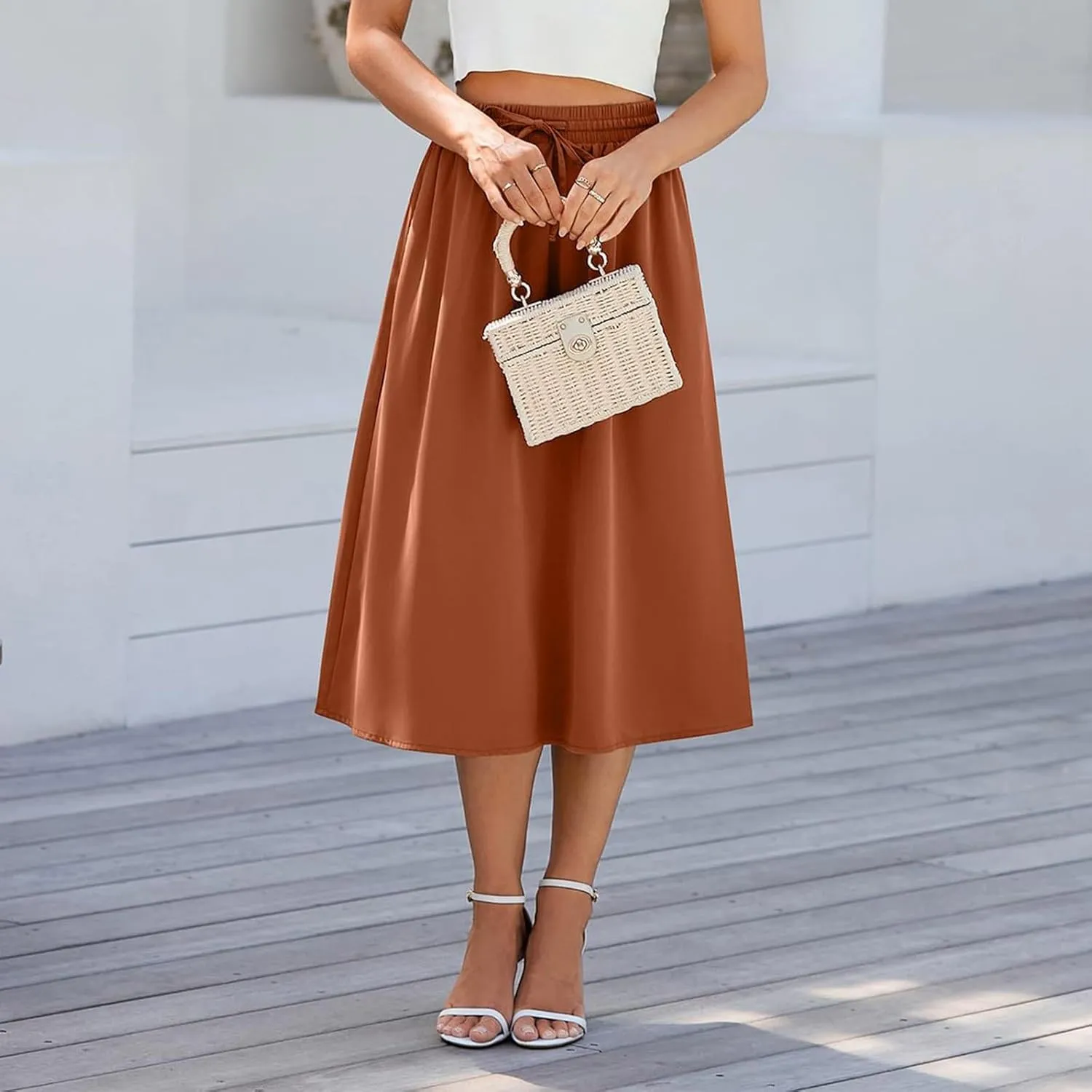 Flowy Midi Skirts for Women Summer High Waist Solid/Printed Boho Skirts Elegant Pleated A-Line Skirt with Pockets