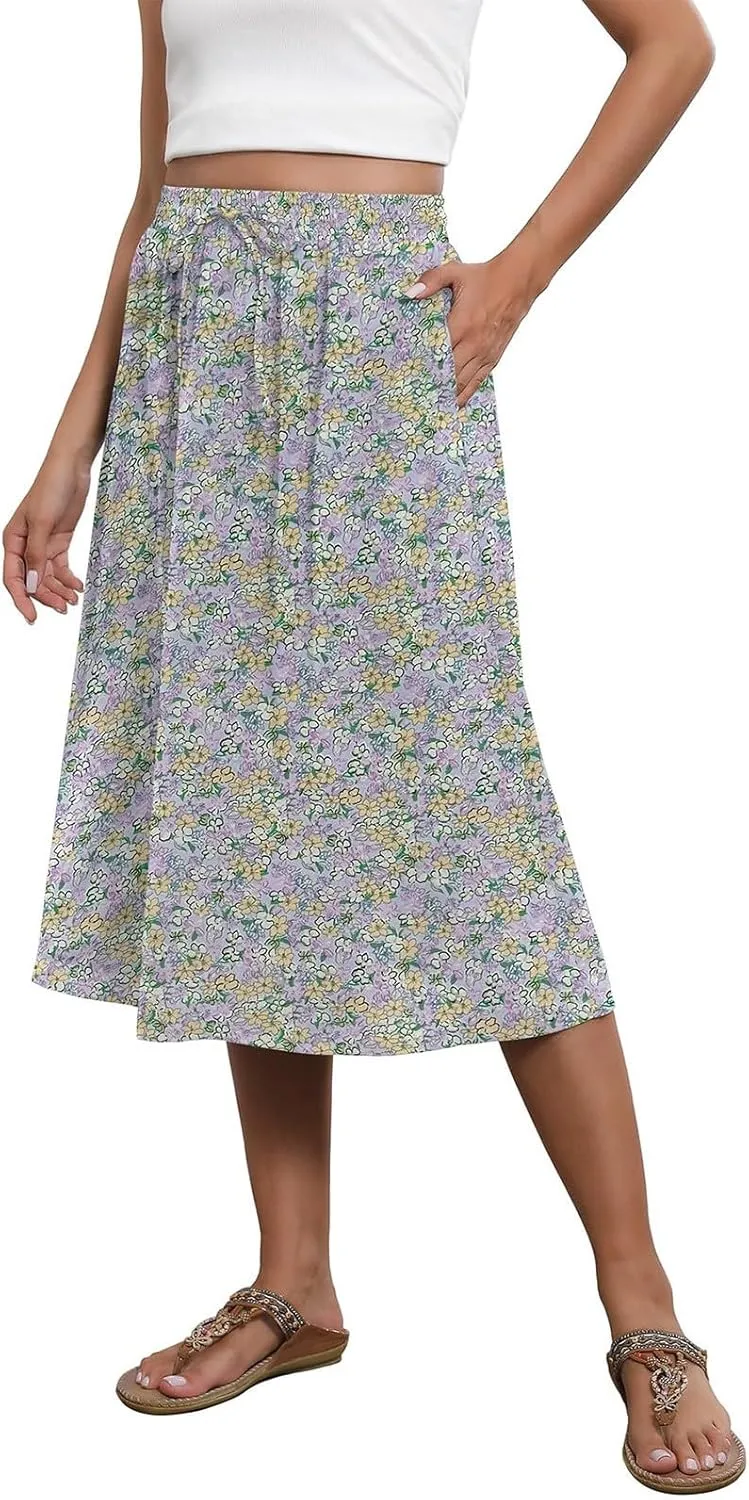 Flowy Midi Skirts for Women Summer High Waist Solid/Printed Boho Skirts Elegant Pleated A-Line Skirt with Pockets