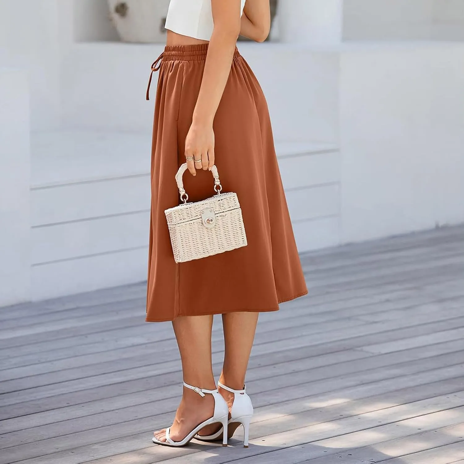 Flowy Midi Skirts for Women Summer High Waist Solid/Printed Boho Skirts Elegant Pleated A-Line Skirt with Pockets