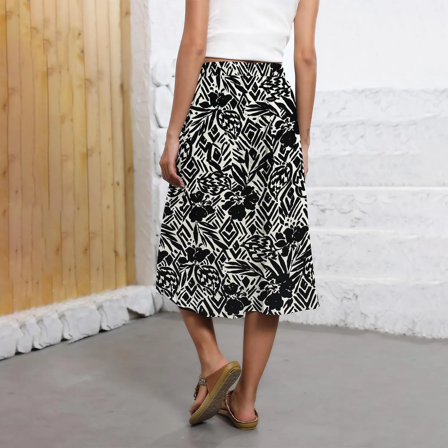 Flowy Midi Skirts for Women Summer High Waist Solid/Printed Boho Skirts Elegant Pleated A-Line Skirt with Pockets