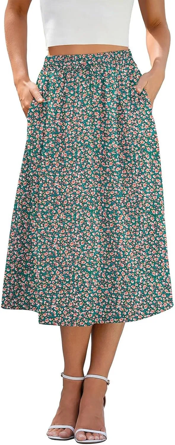 Flowy Midi Skirts for Women Summer High Waist Solid/Printed Boho Skirts Elegant Pleated A-Line Skirt with Pockets