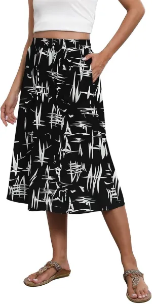 Flowy Midi Skirts for Women Summer High Waist Solid/Printed Boho Skirts Elegant Pleated A-Line Skirt with Pockets
