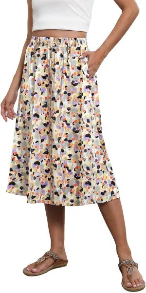 Flowy Midi Skirts for Women Summer High Waist Solid/Printed Boho Skirts Elegant Pleated A-Line Skirt with Pockets