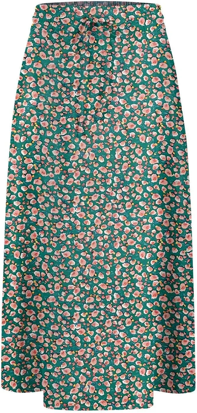 Flowy Midi Skirts for Women Summer High Waist Solid/Printed Boho Skirts Elegant Pleated A-Line Skirt with Pockets