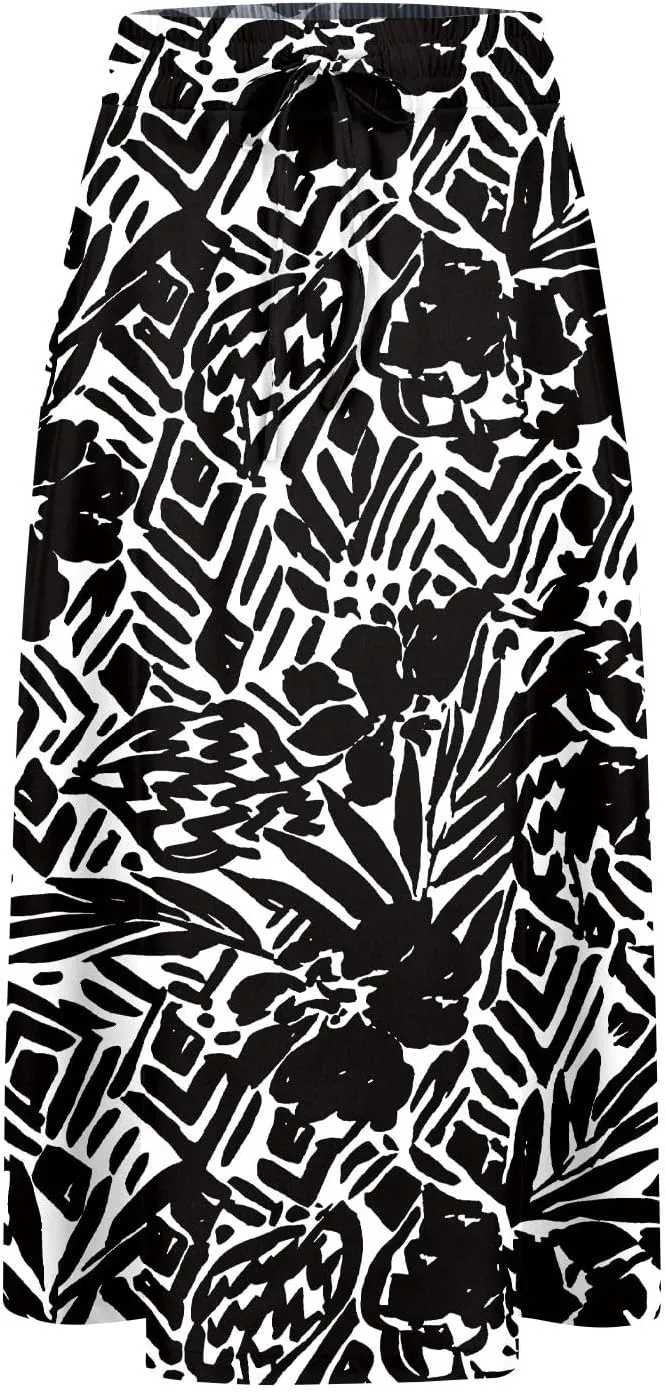 Flowy Midi Skirts for Women Summer High Waist Solid/Printed Boho Skirts Elegant Pleated A-Line Skirt with Pockets