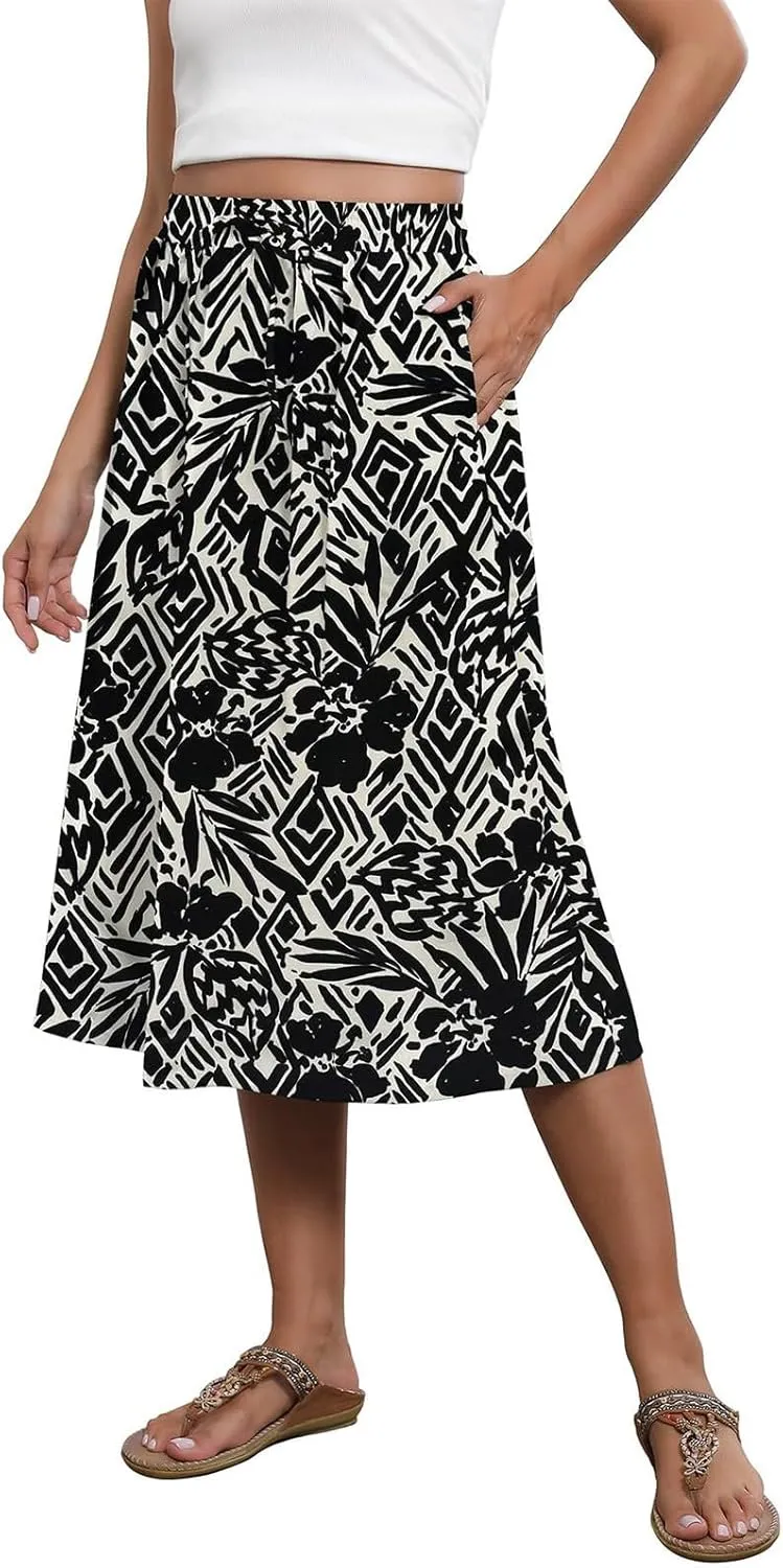 Flowy Midi Skirts for Women Summer High Waist Solid/Printed Boho Skirts Elegant Pleated A-Line Skirt with Pockets