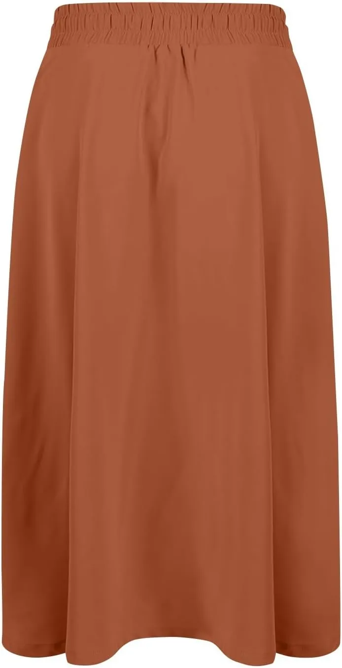 Flowy Midi Skirts for Women Summer High Waist Solid/Printed Boho Skirts Elegant Pleated A-Line Skirt with Pockets