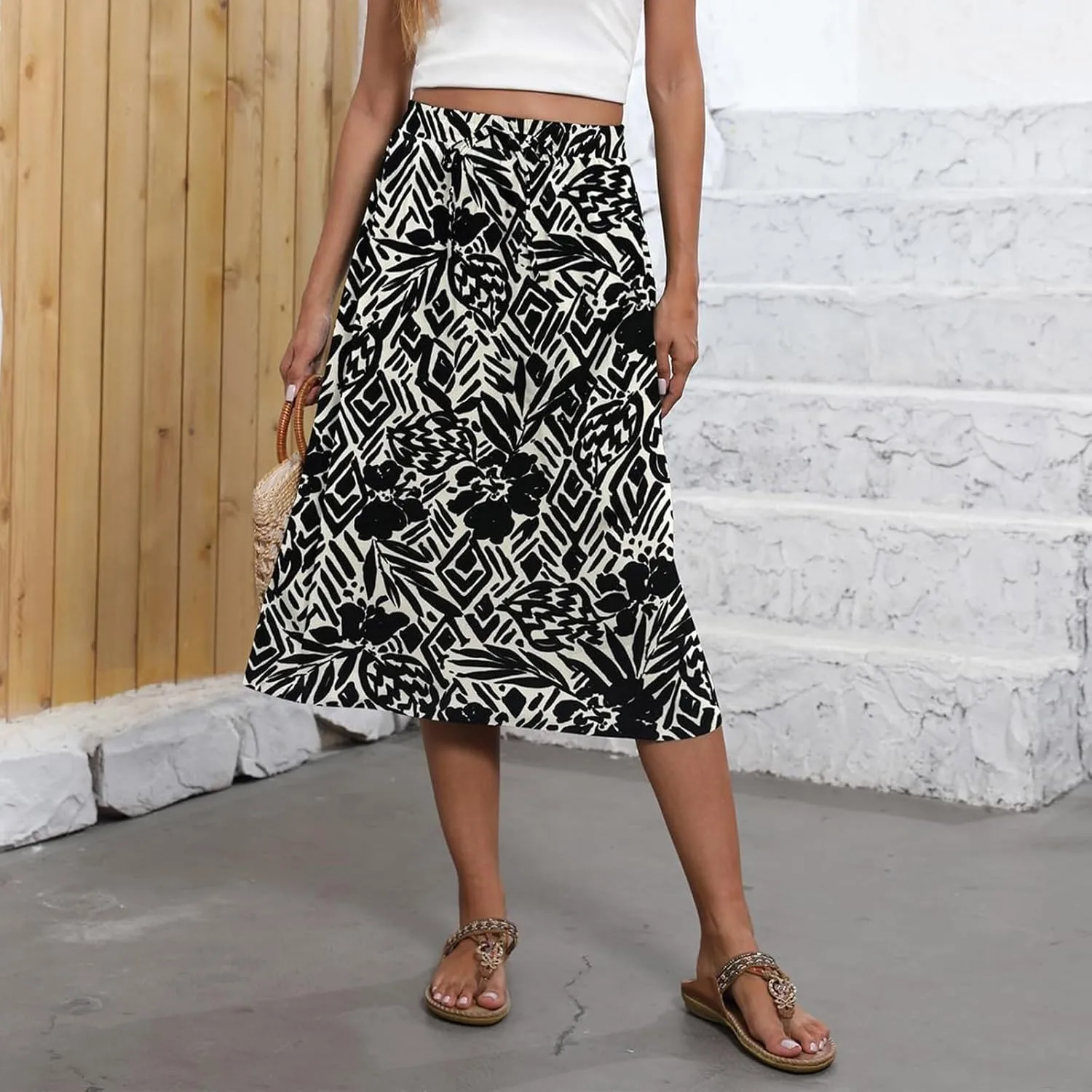 Flowy Midi Skirts for Women Summer High Waist Solid/Printed Boho Skirts Elegant Pleated A-Line Skirt with Pockets